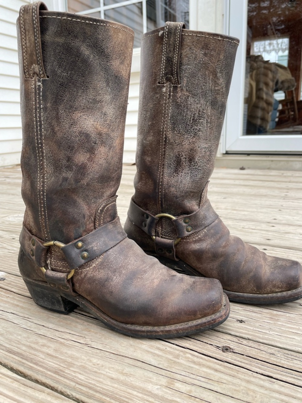 Vintage Distressed Brown Leather Frye Harness Boots